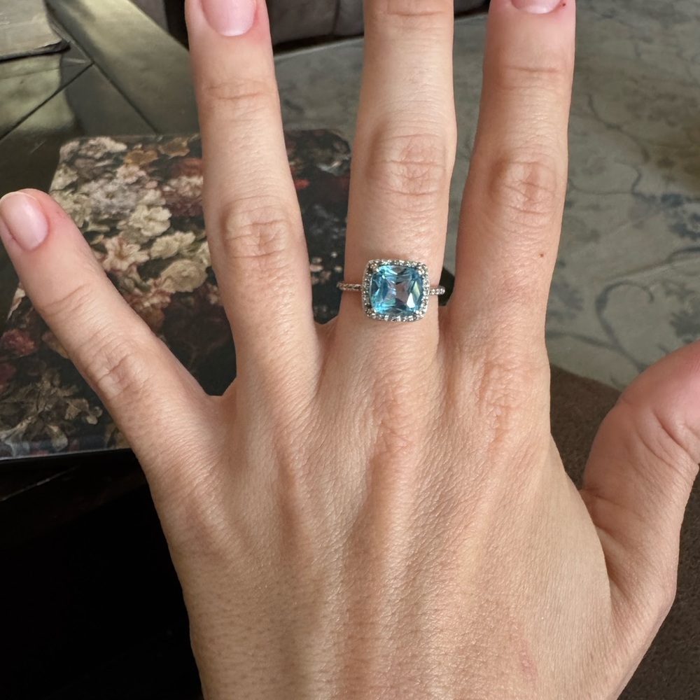 Elegant Blue Topaz & Cubic Zirconia Ring, Art Deco